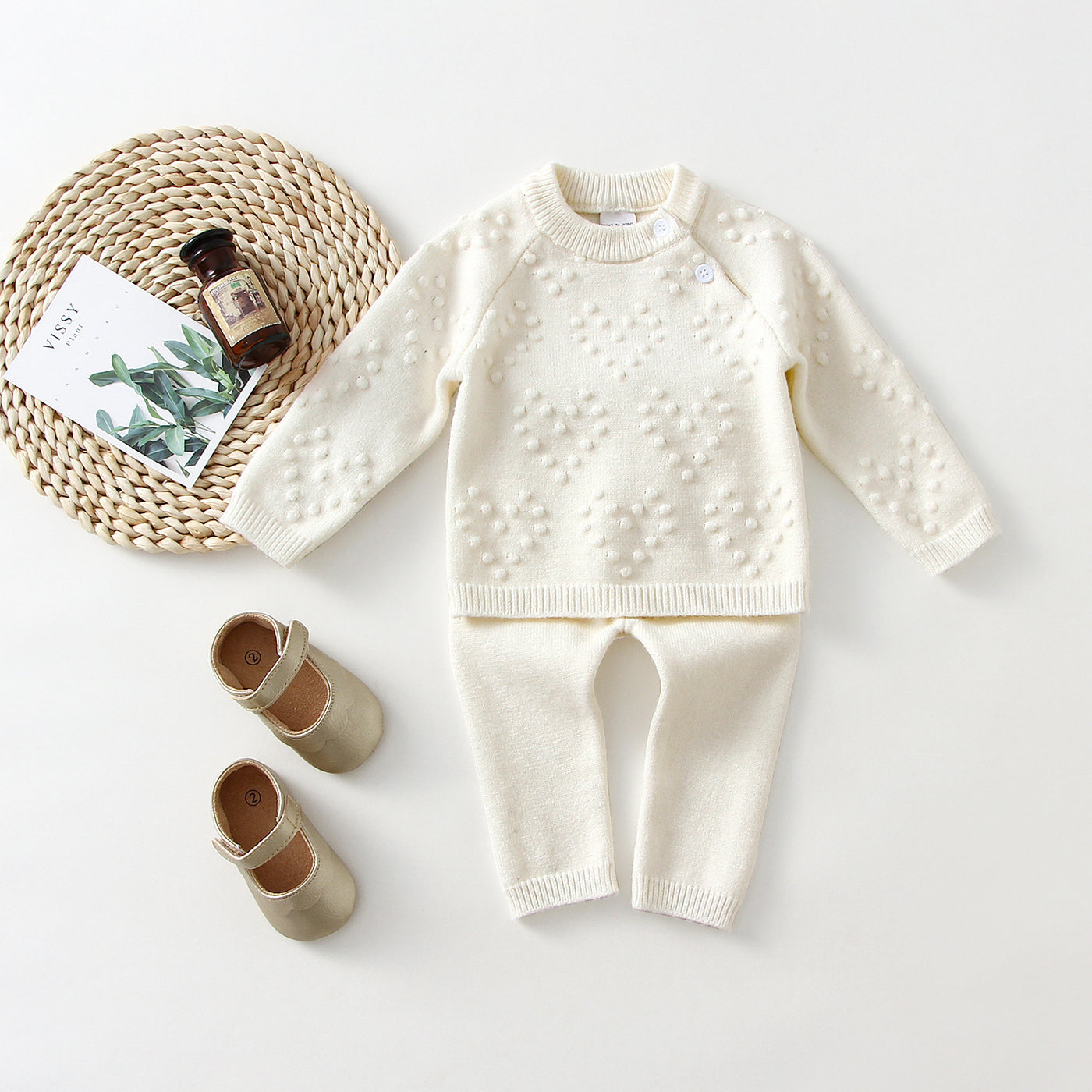 Children's Knitted Love Solid Color Sweater And Pants Set